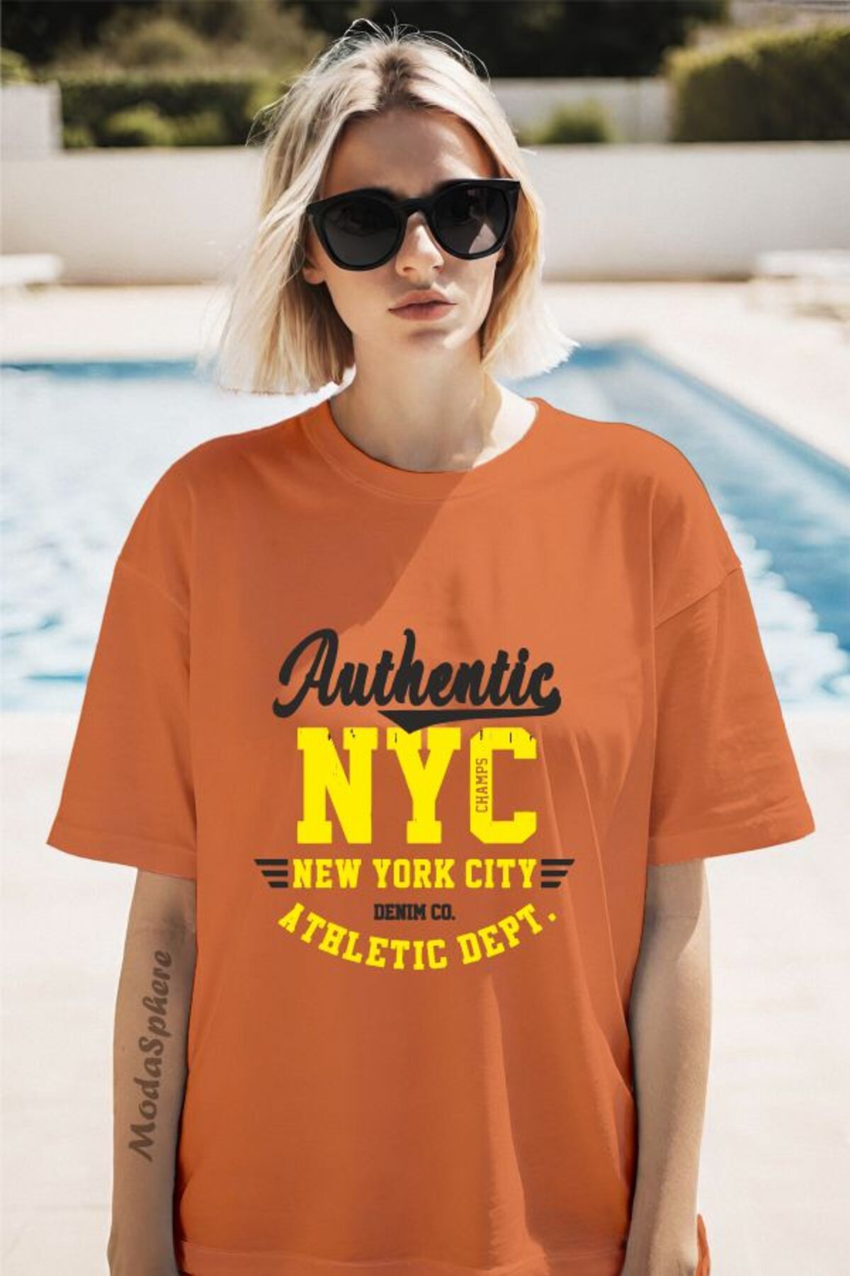ModaSphere Authentic NYC Baskılı Unisex Oversize Tişört