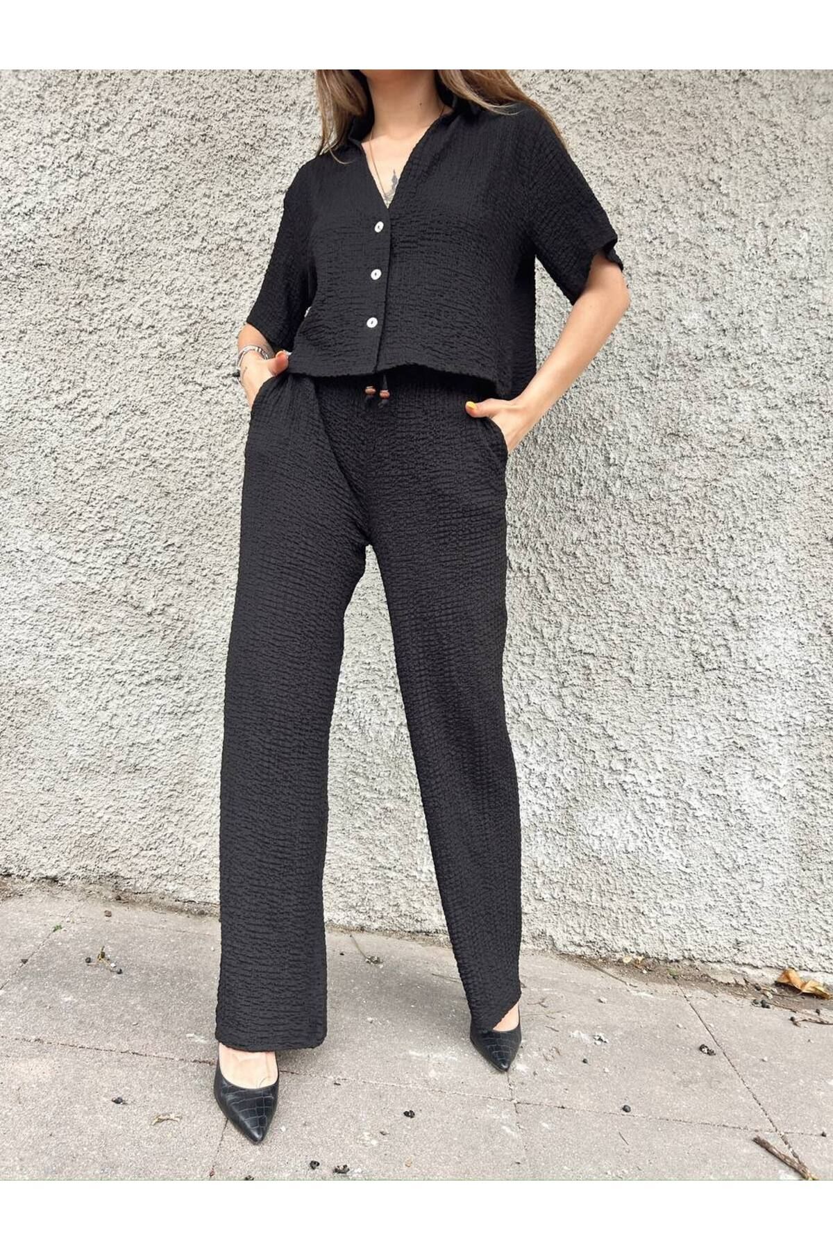 SEVENLINE Kadın Polo Yaka Bürümcük Crop -Pantolon Alt Üst Takım