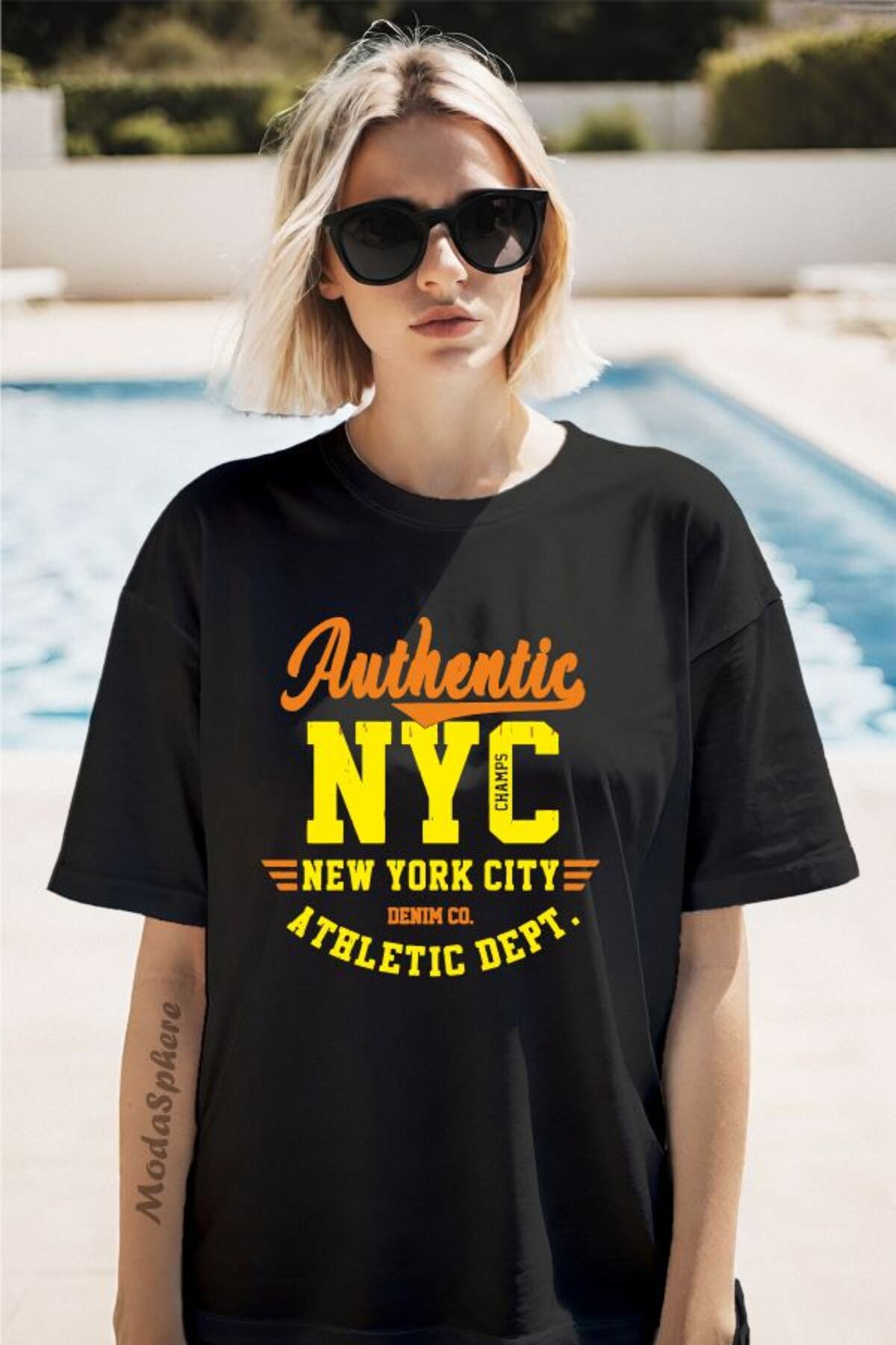ModaSphere Authentic NYC Baskılı Unisex Oversize Tişört