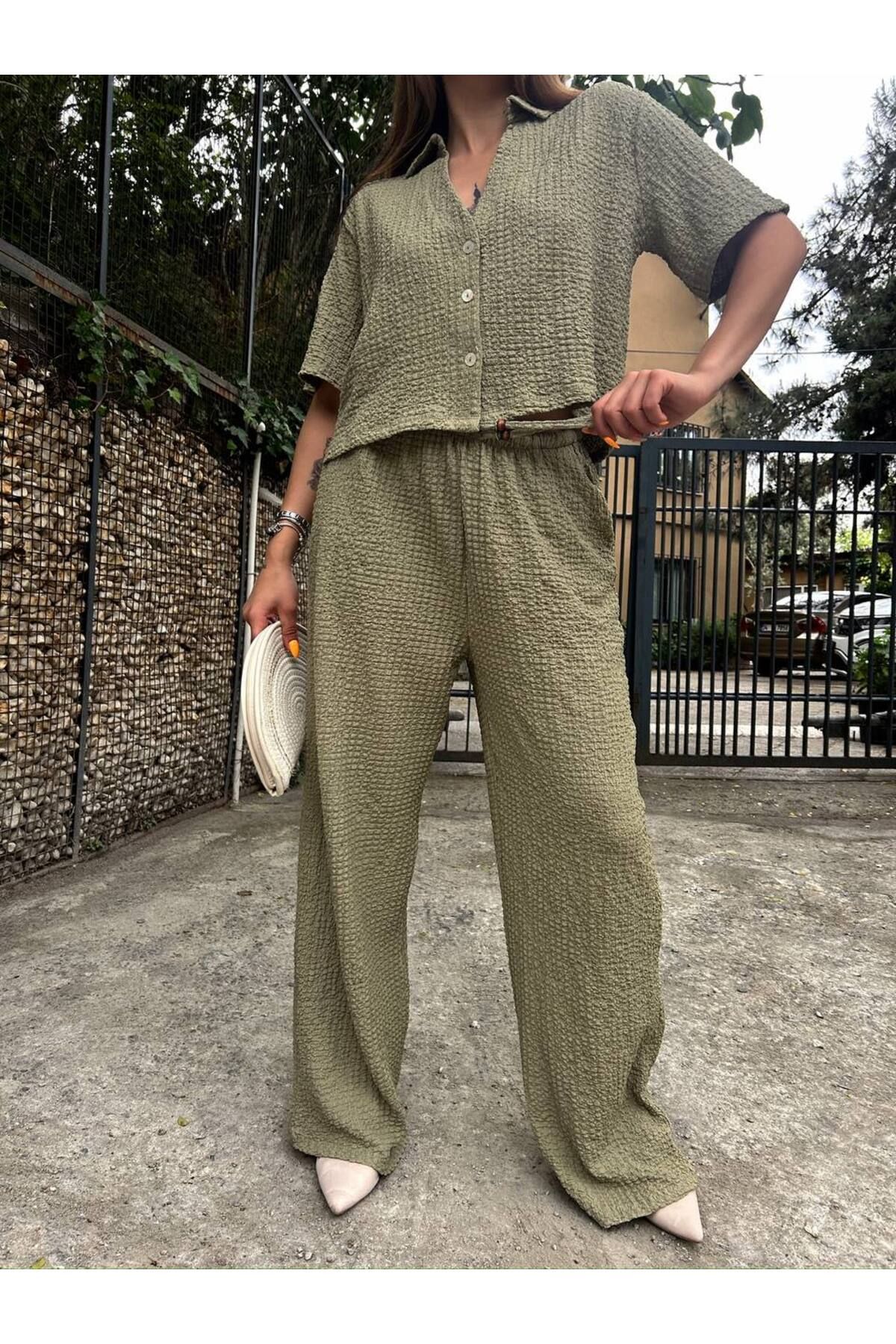 SEVENLINE Kadın Polo Yaka Bürümcük Crop -Pantolon Alt Üst Takım