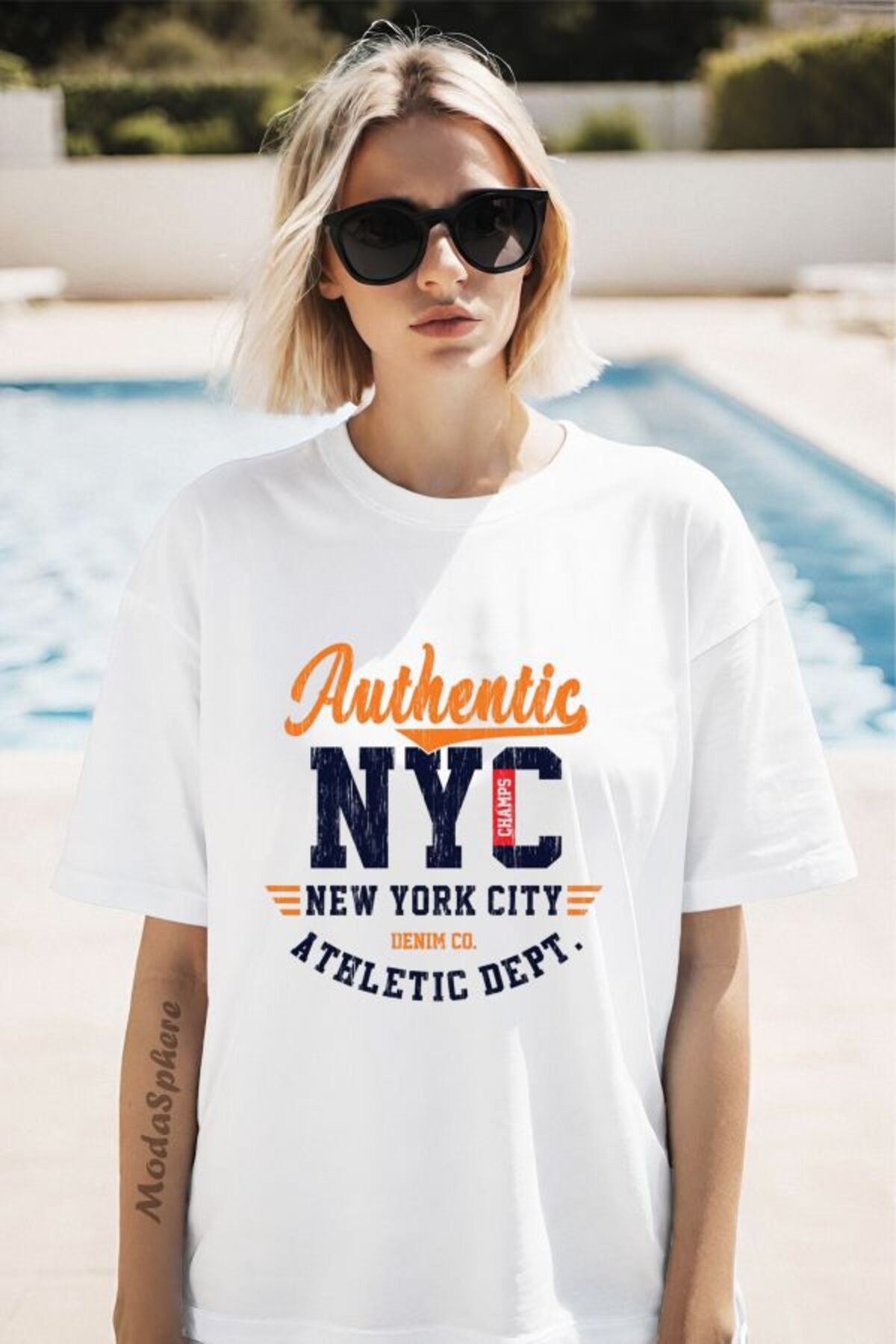 ModaSphere Authentic NYC Baskılı Unisex Oversize Tişört