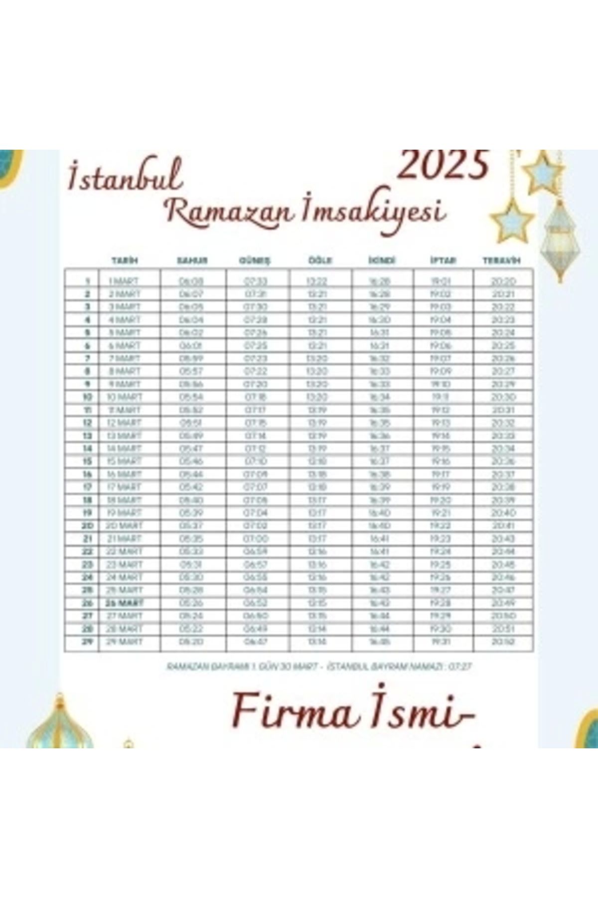STOREMAX Ramazan İmsakiyesi Modern Kişiye Özel Tasarımlı Dijital Baskı 6 Adet A4 300 gr Model 36