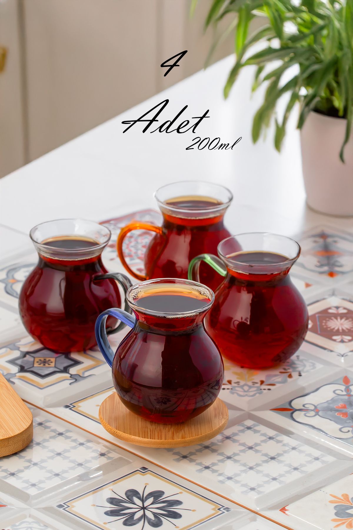 Porsima LM-0035 Ehli Keyf 4 Parça 4 Kişilik Çay Seti – 200 ml Borosilikat Cam Kulplu Tombik Bardak Takımı