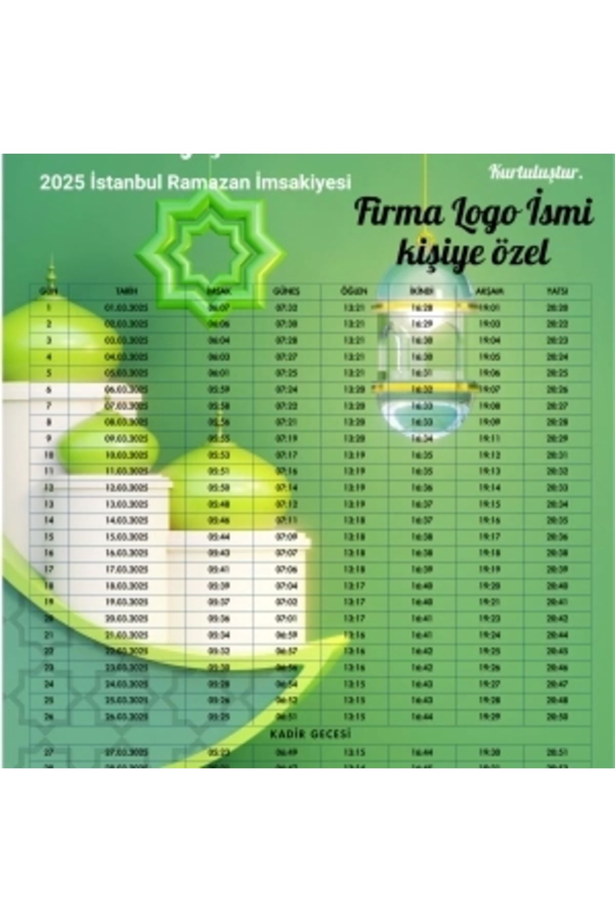 STOREMAX Ramazan İmsakiyesi Modern Kişiye Özel Tasarımlı Dijital Baskı 10 Adet A4 300 gr Model 19