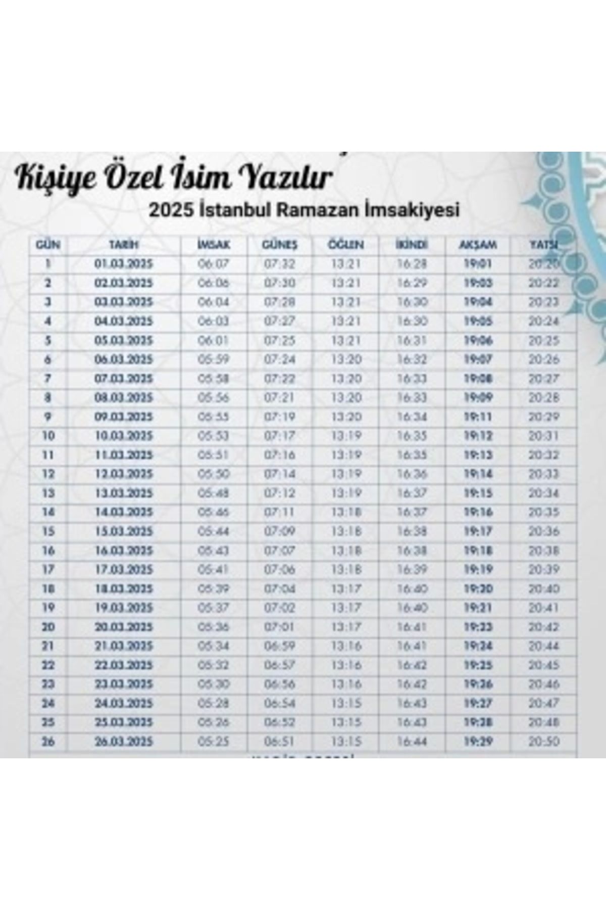 STOREMAX Ramazan İmsakiyesi Modern Kişiye Özel Tasarımlı Dijital Baskı 6 Adet A4 300 gr Model 22