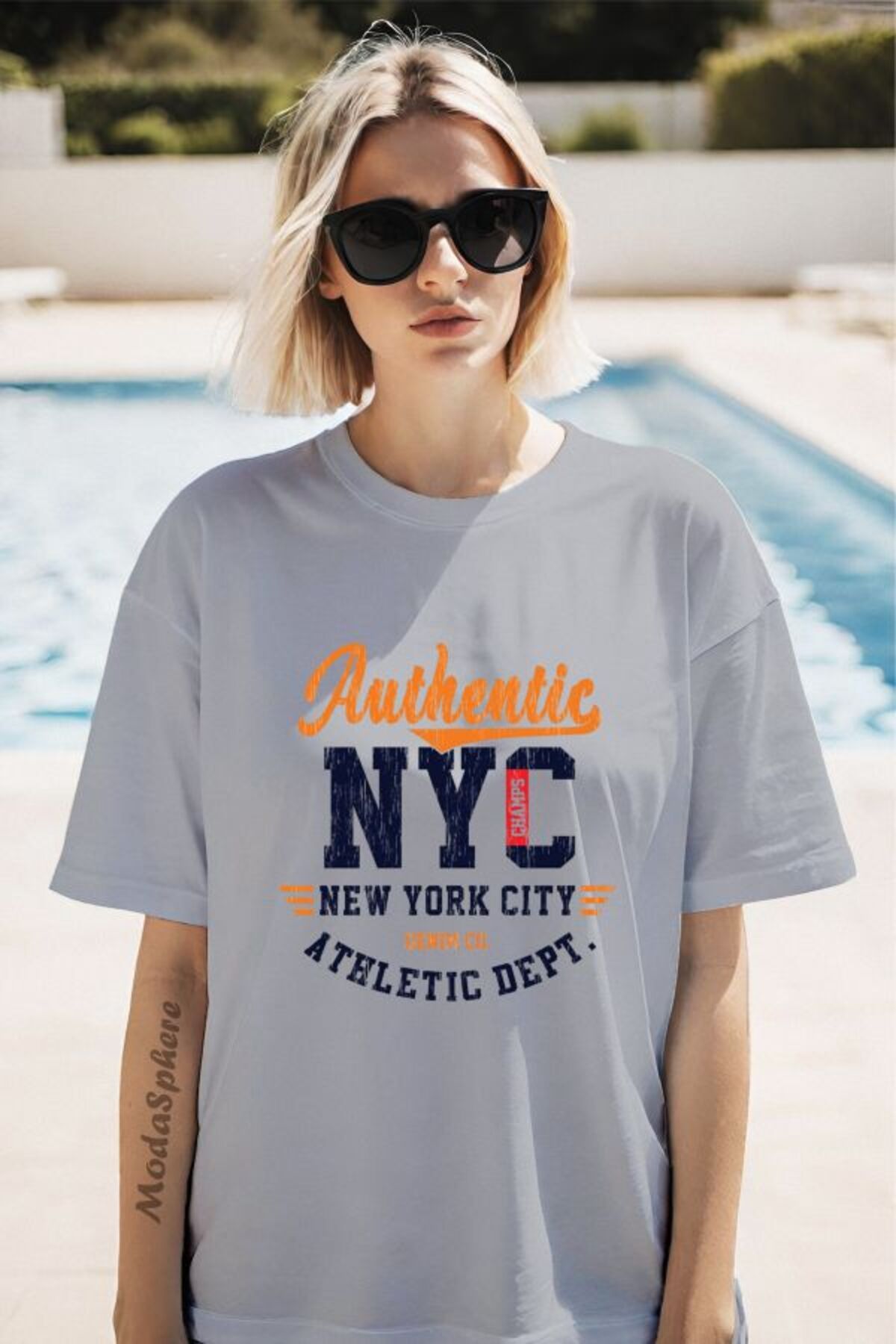 ModaSphere Authentic NYC Baskılı Unisex Oversize Tişört