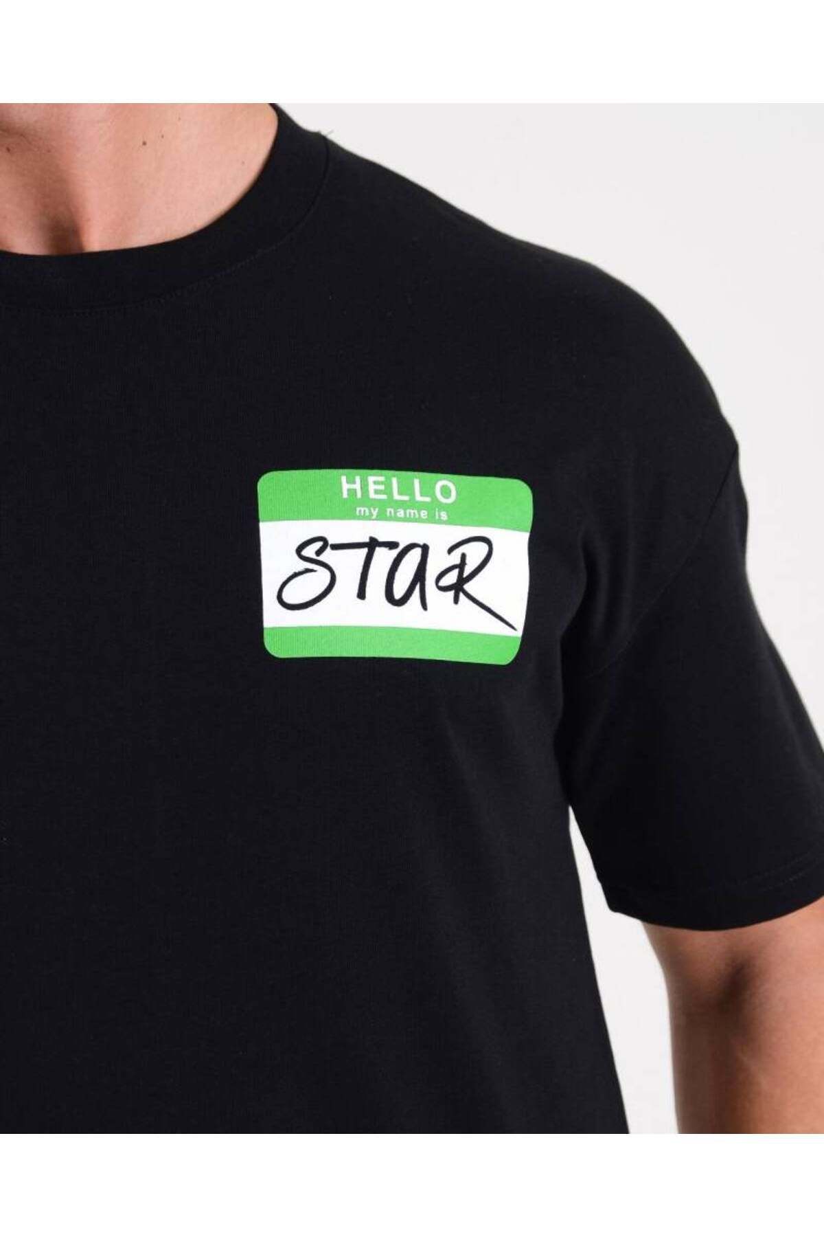 Star ERKEK SİYAH OVERSİZE HELLO STAR BASKILI T-SHİRT