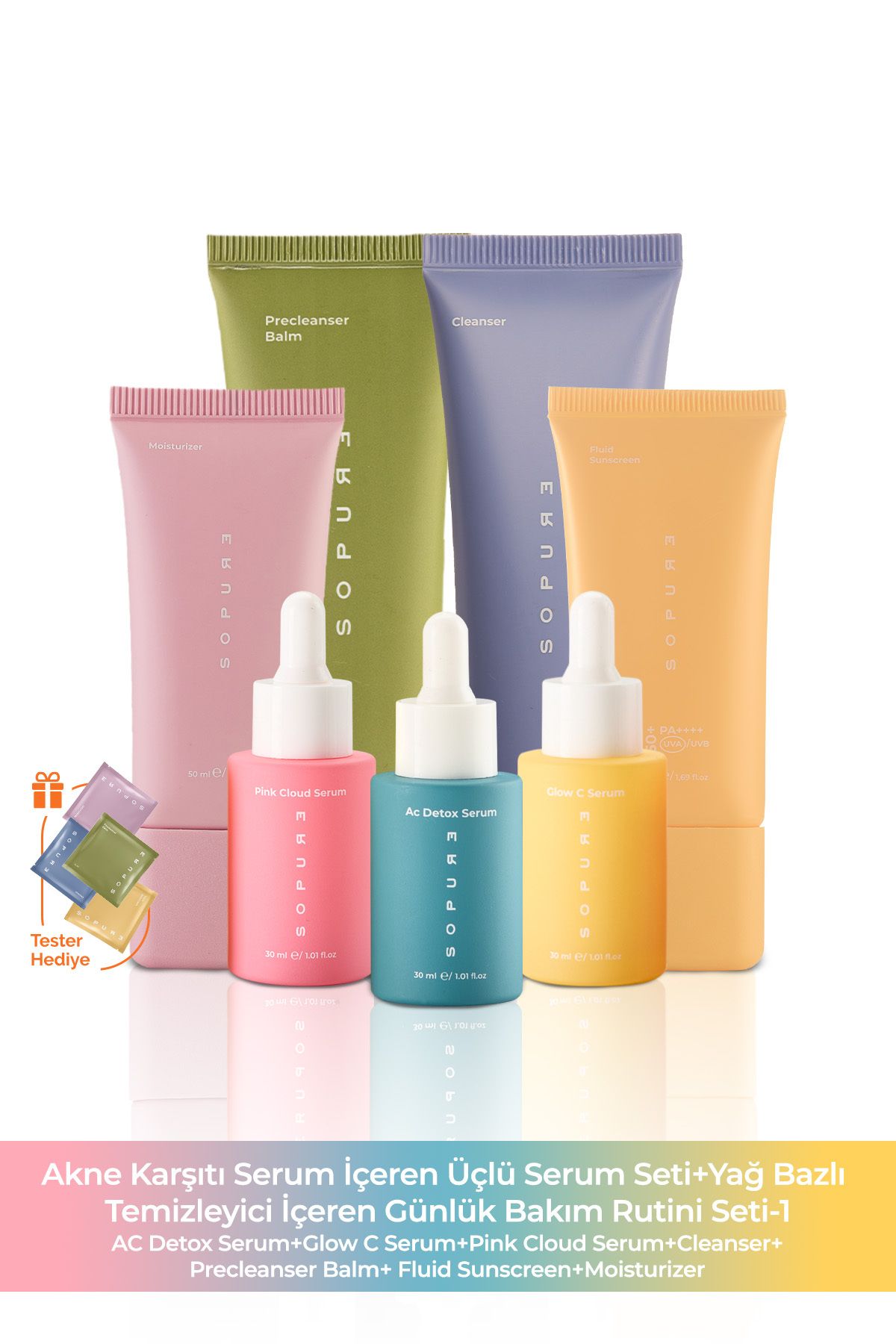 Sopure Akne Karşıtı Serum İçeren Üçlü Serum Seti+Yağ Bazlı Temizleyici İçeren Günlük Bakım Rutini Seti-1