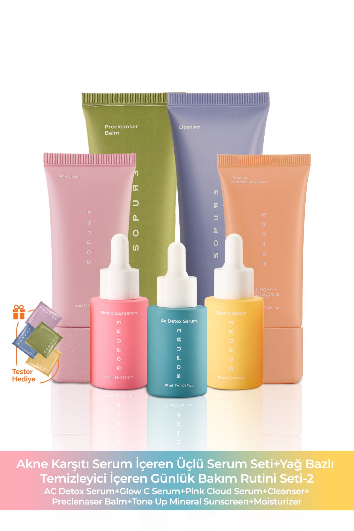 Sopure Akne Karşıtı Serum İçeren Üçlü Serum Seti+Yağ Bazlı Temizleyici İçeren Günlük Bakım Rutini Seti-2