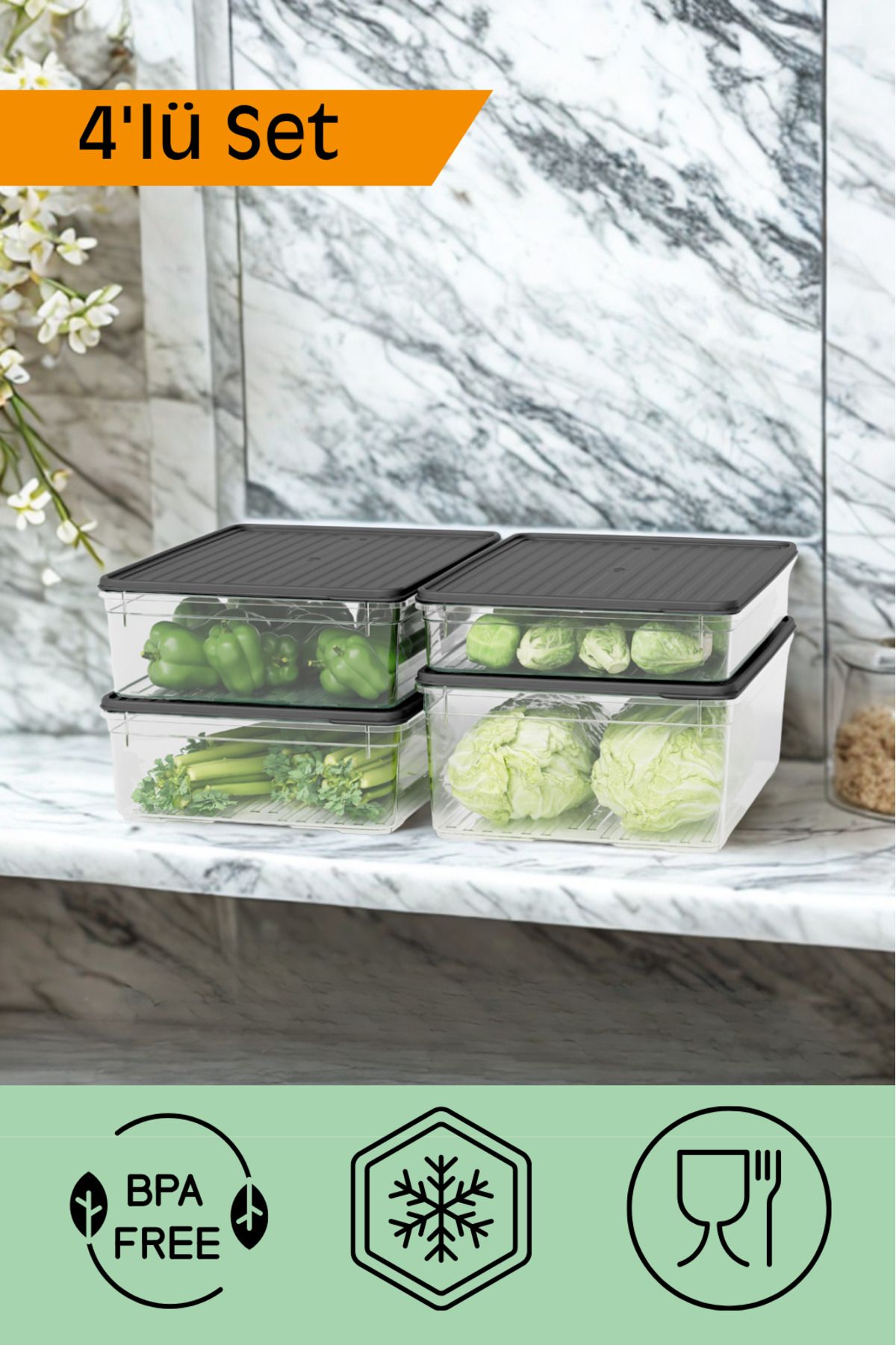 Canbaz Home 4'lü Buzdolabı Dondurucu Organizer Difriz Saklama Kabı Modüler Set (1x2200 ml, 2x3250 ml, 1x4300 ml)