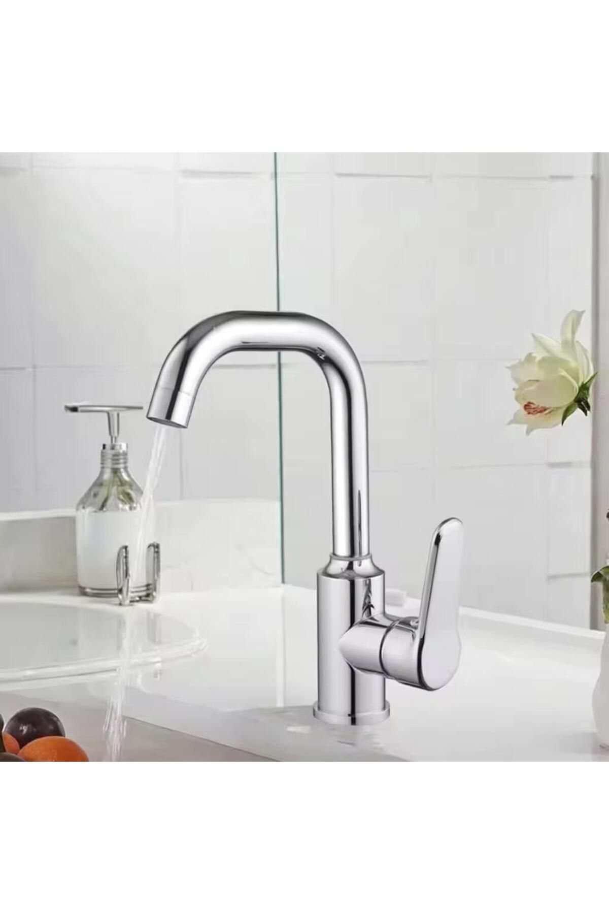 RENA DESIGN LAVABO BATARYASI KROM BANYO LAVABO MUSLUK AĞIR PRİNÇ GÖVDE DÖNER BORU MODERN LÜKS ARMATÜR GÜMÜŞ GRİ
