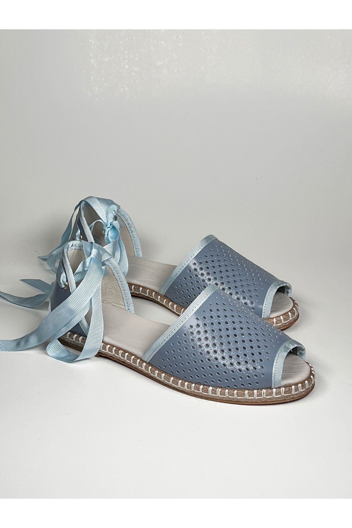 futsi shoes Kuş Gözü Zımbalı Bilekten Bağlamalı Mavi Hakiki Deri Babet Espadril