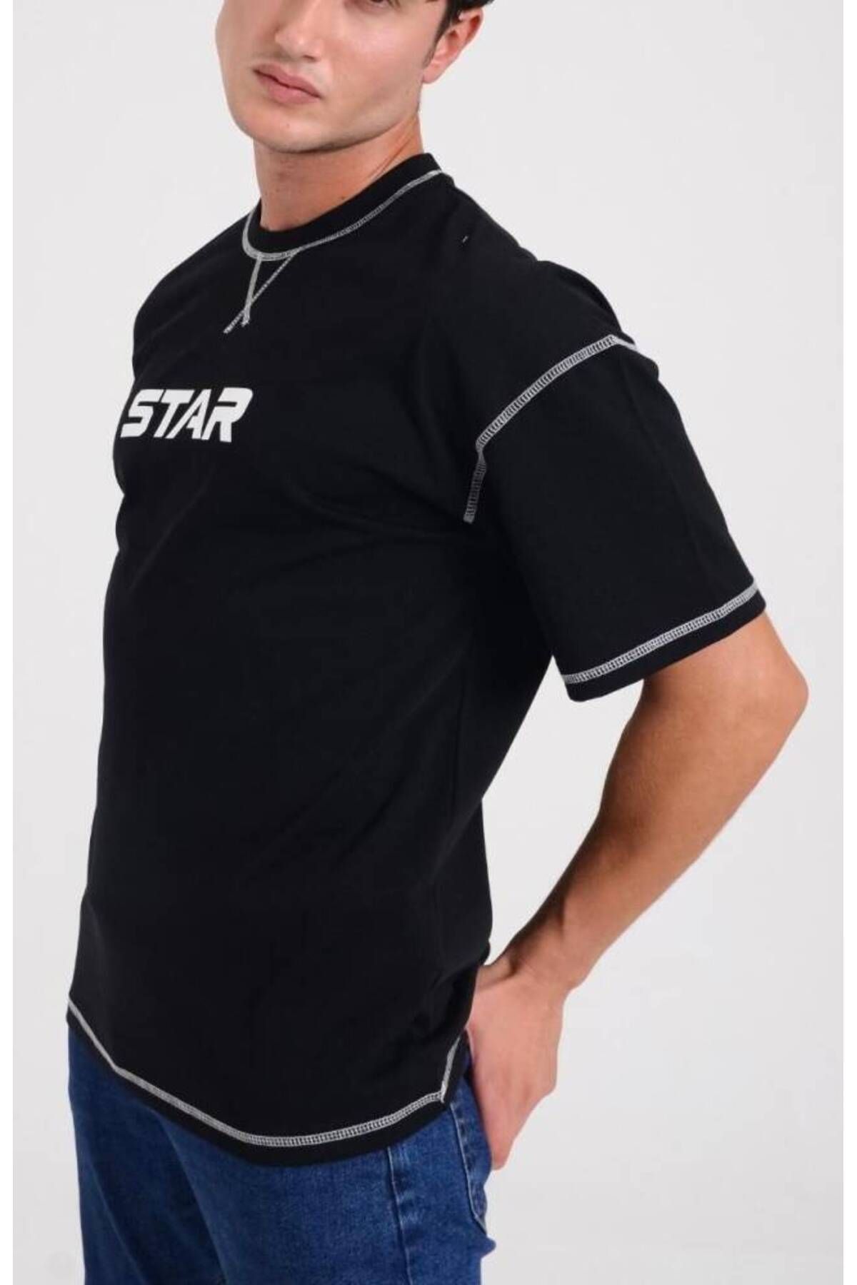 Star ERKEK SİYAH OVERSİZE DİKİŞ DETAYLI T-SHİRT