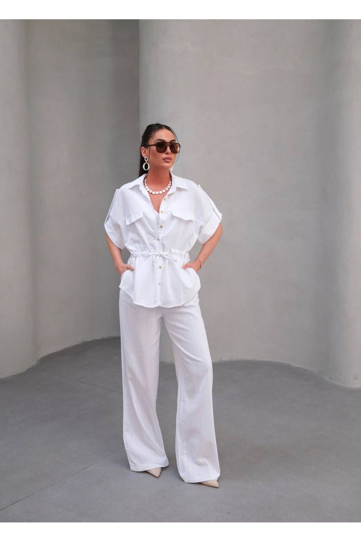 CONCEPTbyOkanGüler Keten Beyaz Bağlamalı Gömlek Pantalon-BEYAZ - L