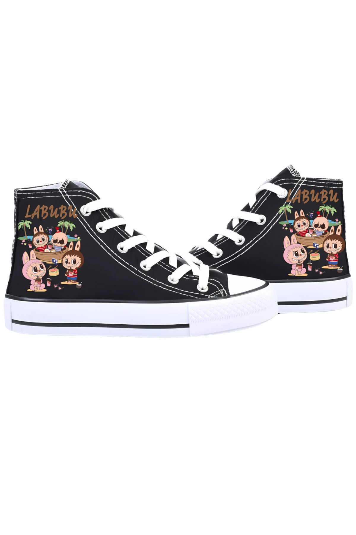 MECH BUTİK Labubu Baskılı Siyah Unisex Kadın/Erkek Bilekli Keten Ayakkabı Sneaker