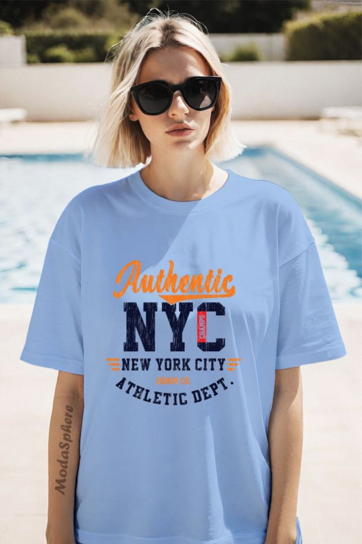ModaSphere Authentic NYC Baskılı Unisex Oversize Tişört