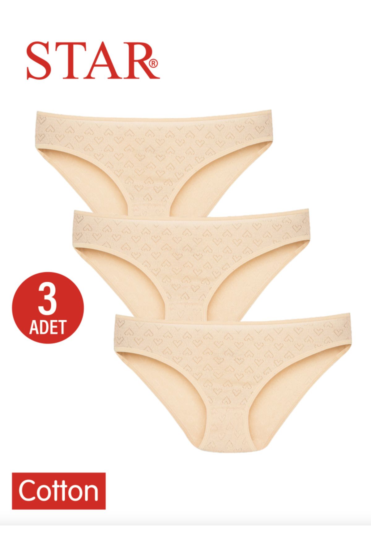 Star KADIN 3 LÜ TEN SAF PAMUK KALP DESENLİ BİKİNİ KÜLOT