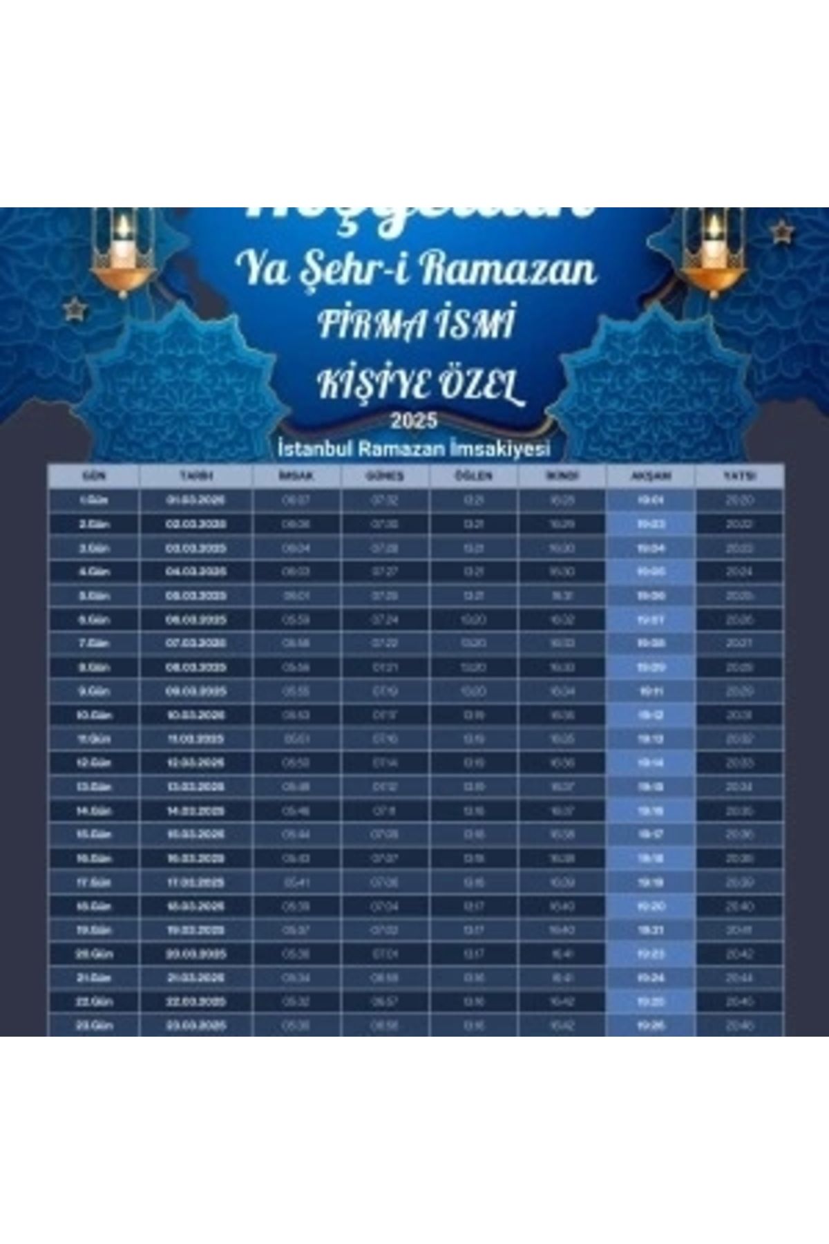 STOREMAX Ramazan İmsakiyesi Modern Kişiye Özel Tasarımlı Dijital Baskı 6 Adet A4 300 gr Model 24