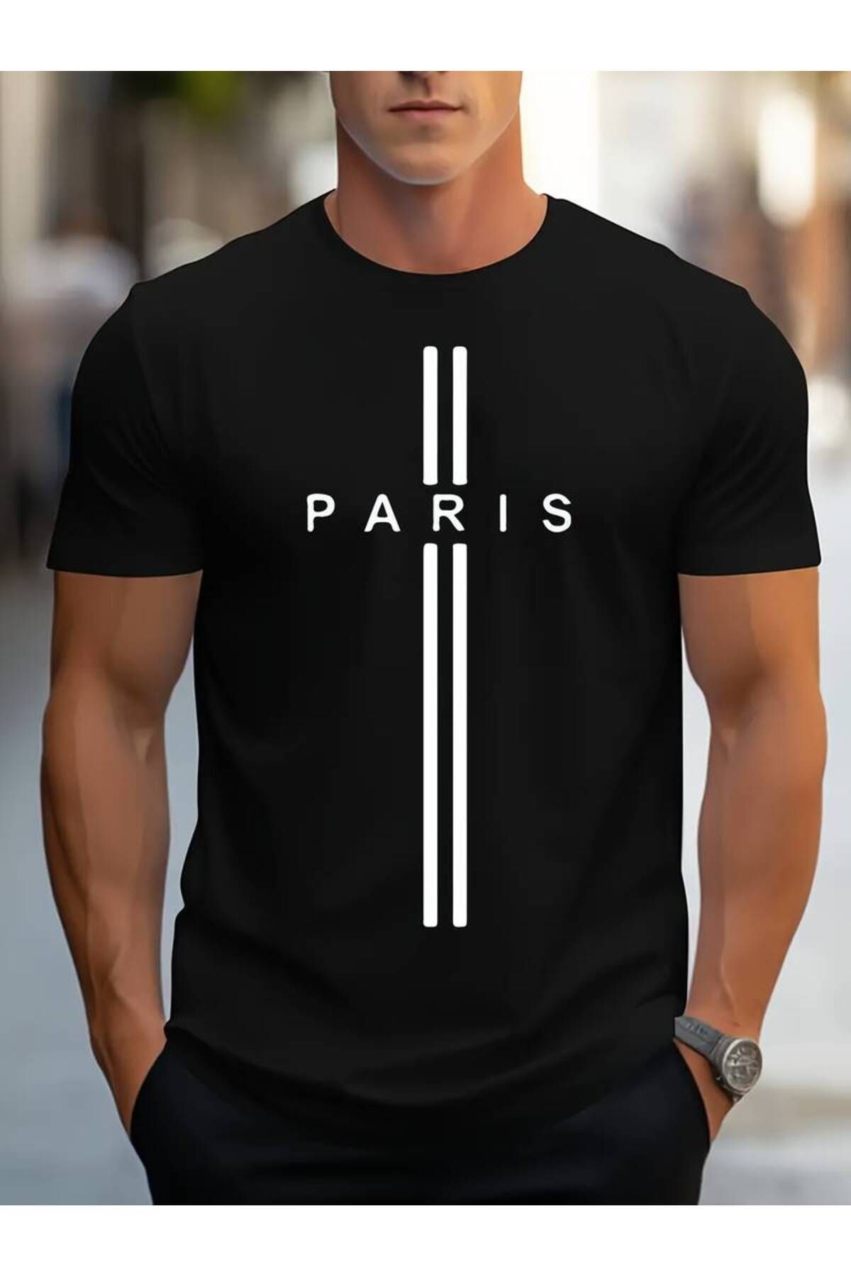 ModaSphere Erkek Oversize Siyah - Beyaz Bisiklet Yaka Paris Yazı Baskılı Tişört
