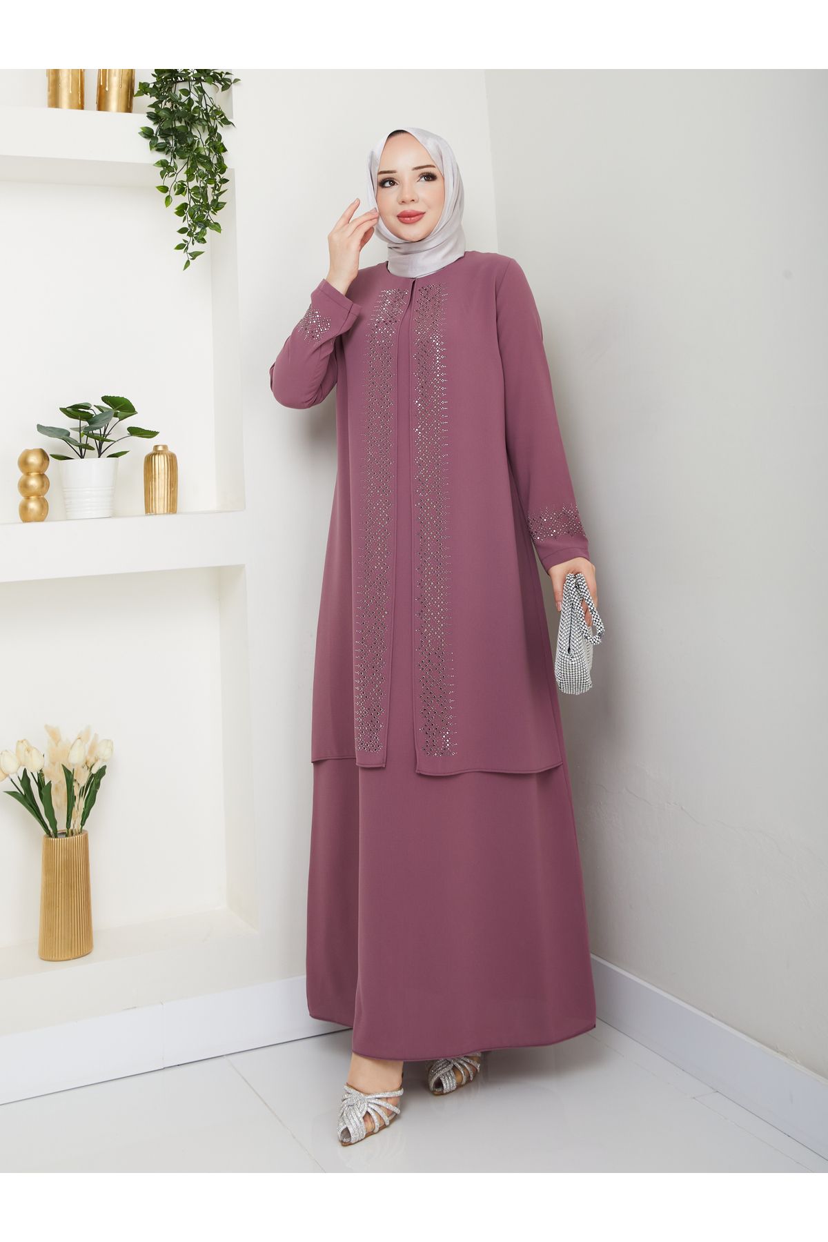 KMKkombin ANNE MODEL TAM BOY RAHAT KALIP ŞERİT DESENLİ TAŞLI KADIN ELBİSE 2024