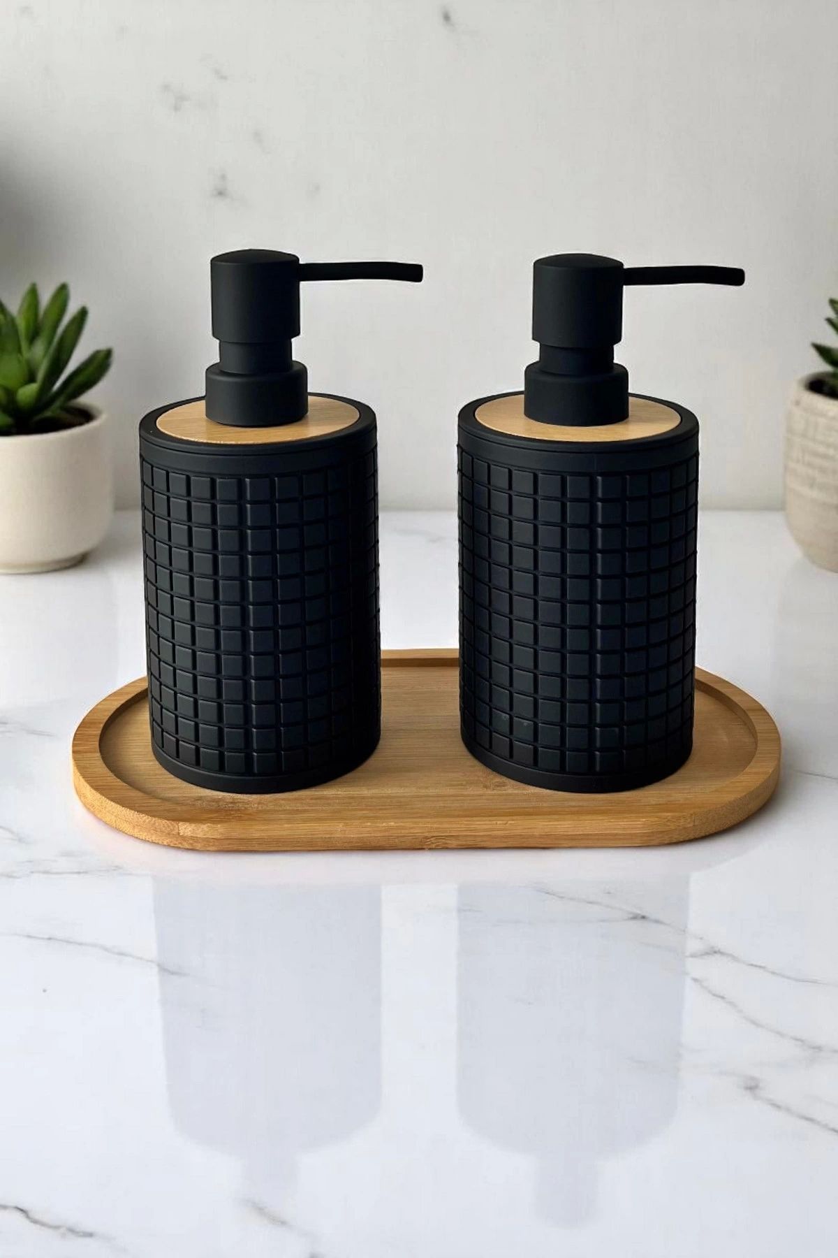 Tilbe Home 2li Retro Still Sıvı Sabunluk Seti 500ml Mutfak Siyah Hands Dishes Kare Figürlü Bambu Stantlı Set