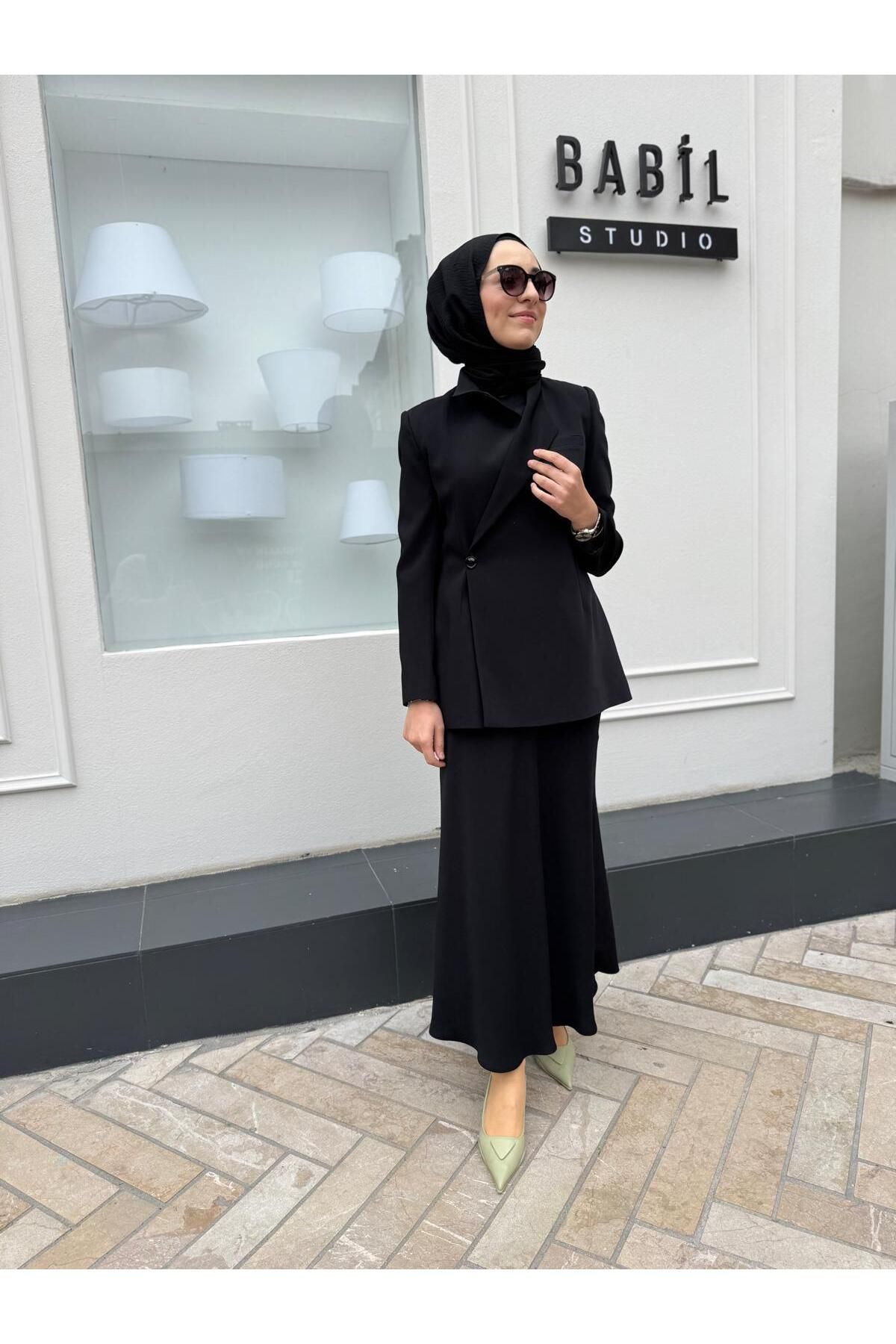 QOOQ STORE Düğme Detaylı Blazer Ceket Etek Kadın Takım Siyah