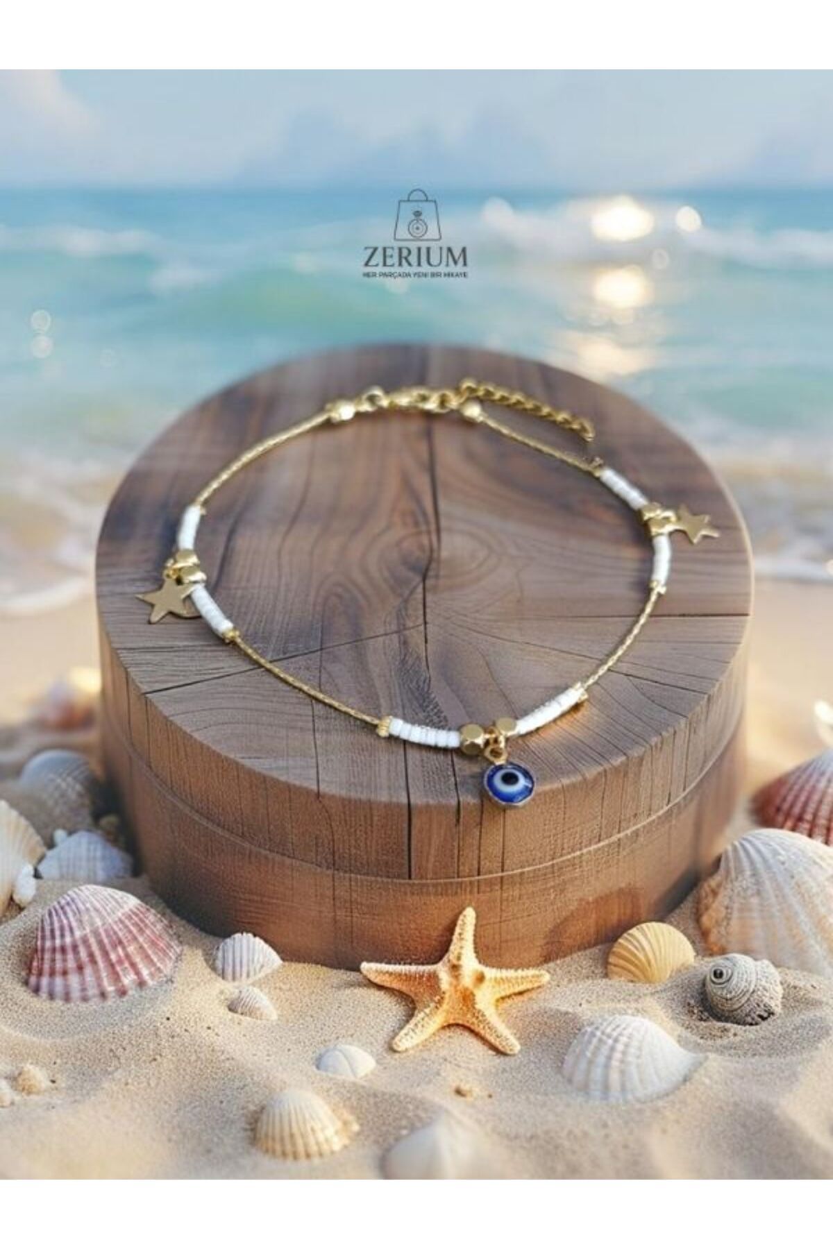 ZERİUM Miyoki Boncuklu Nazar Halhal – 22 cm Zarif Beyaz