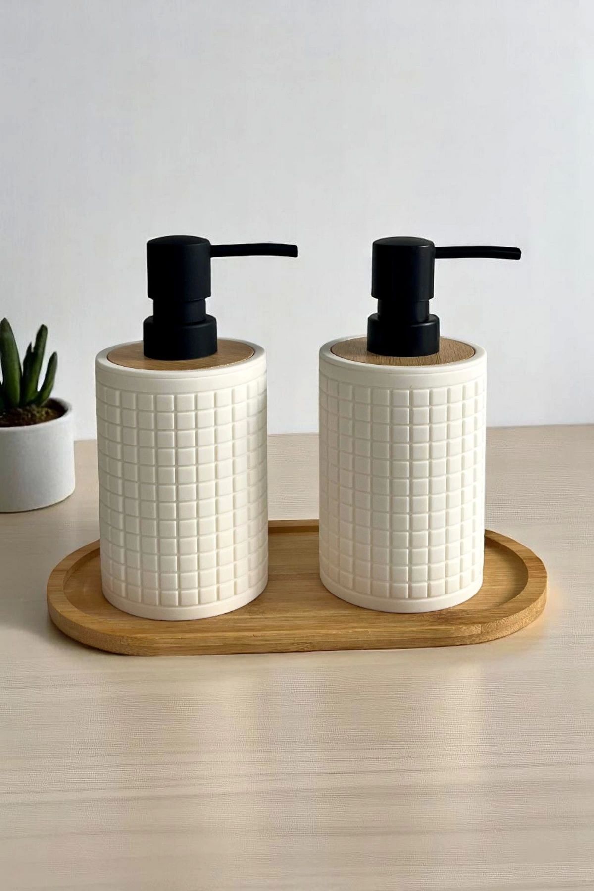 Tilbe Home 2li Retro Still Sıvı Sabunluk Seti 500ml Mutfak Banyo Hands Dishes Kare Figürlü Bambu Stantlı Set
