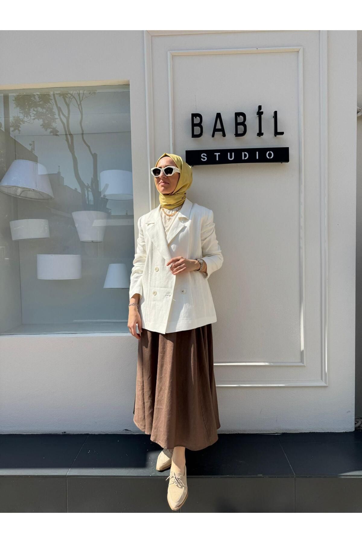 QOOQ STORE 25SS618 Keten Blazer Kadın Ceket Beyaz