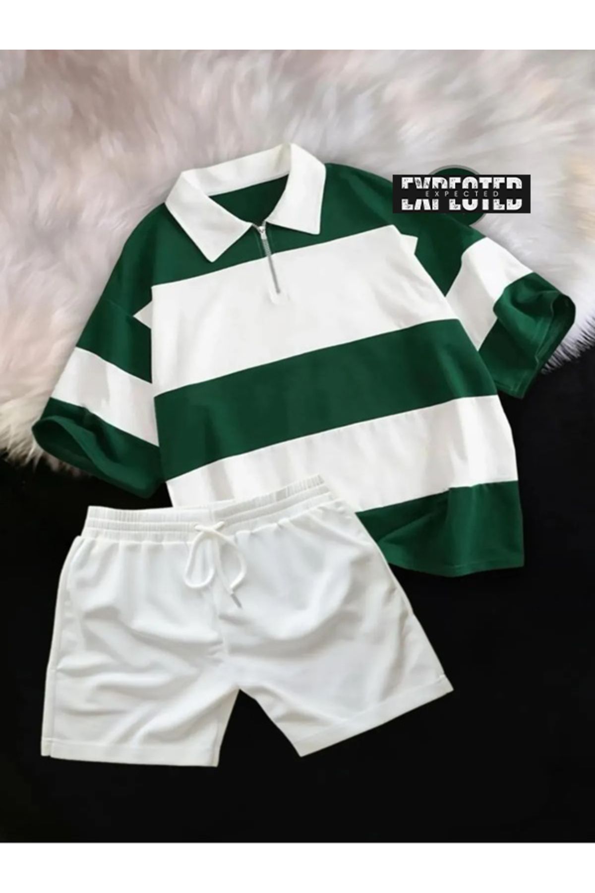 EXPECTED Unisex Parçalı Polo Yaka Yarım Fermuar Tişört Şort Takım-Oversize 2'li Şort - T-shirt Takım