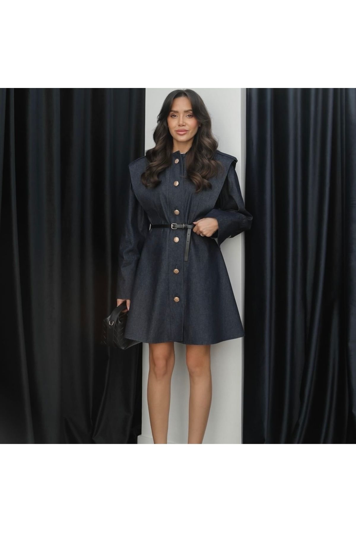 Eya Fashion Store Denim kemerli elbise