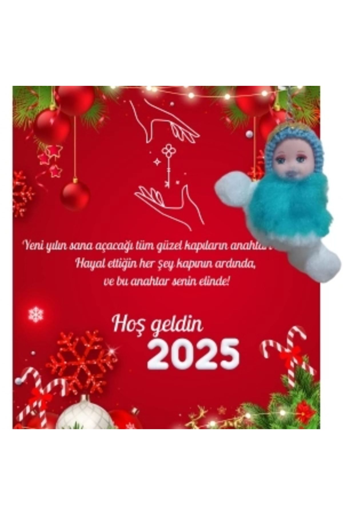 STOREMAX Yeni Yıl Geyik Kart Üzerinde Anahtarlık (Kişiye Özel Yazı Yazdırılabilir) Peluş Bebek