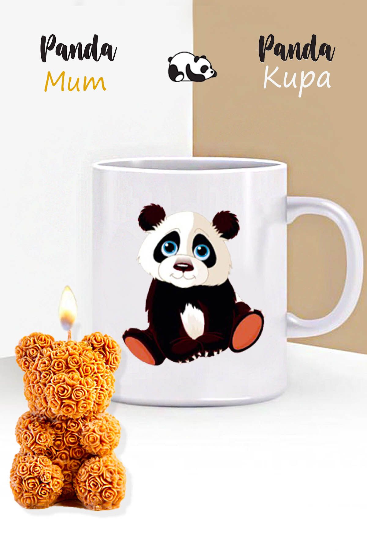 RETROGO Masum Panda Kupa & & Gül Desenli Ayıcık Mum Hediye Seti