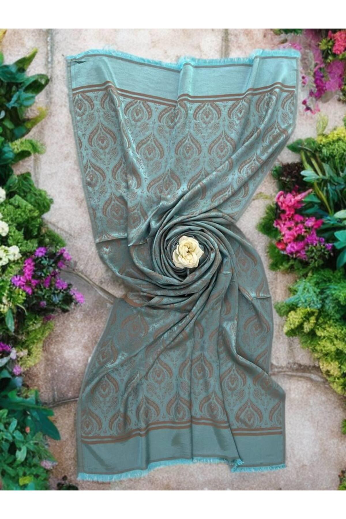 ECHARMBUTIK Turkuaz Damax Desen Kadın Şal