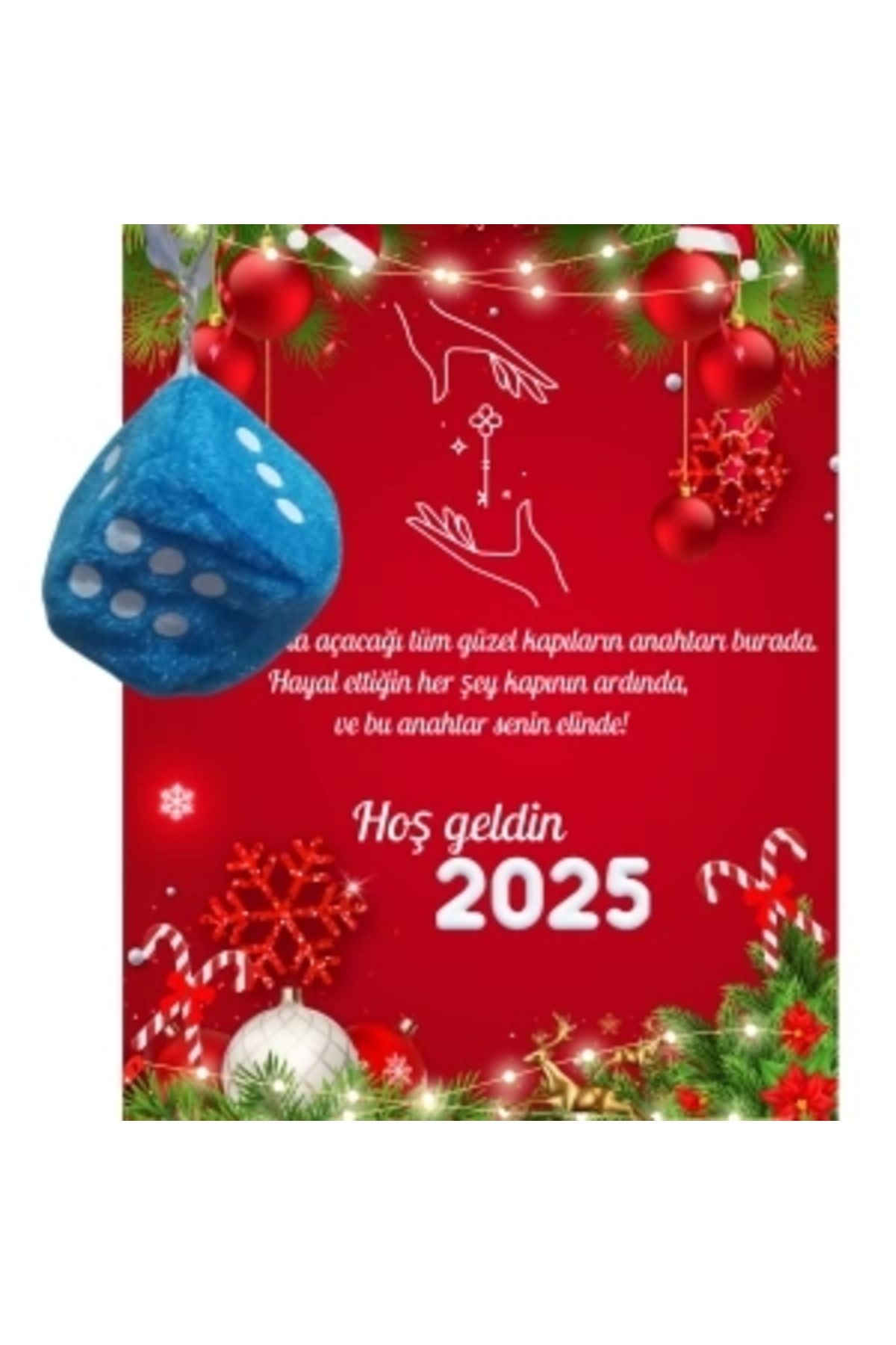 STOREMAX Yeni Yıl Geyik Kart Üzerinde Anahtarlık (Kişiye Özel Yazı Yazdırılabilir) Zar Model