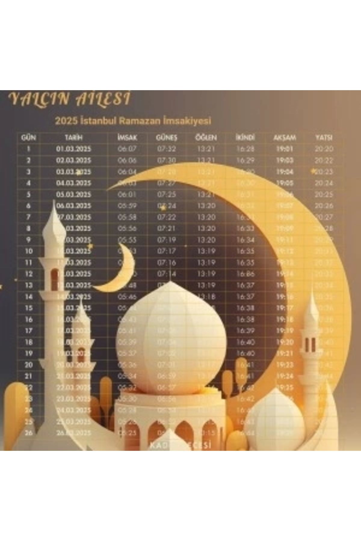 STOREMAX Ramazan İmsakiyesi Modern Kişiye Özel Tasarımlı Dijital Baskı 6 Adet A4 300 gr Model 23