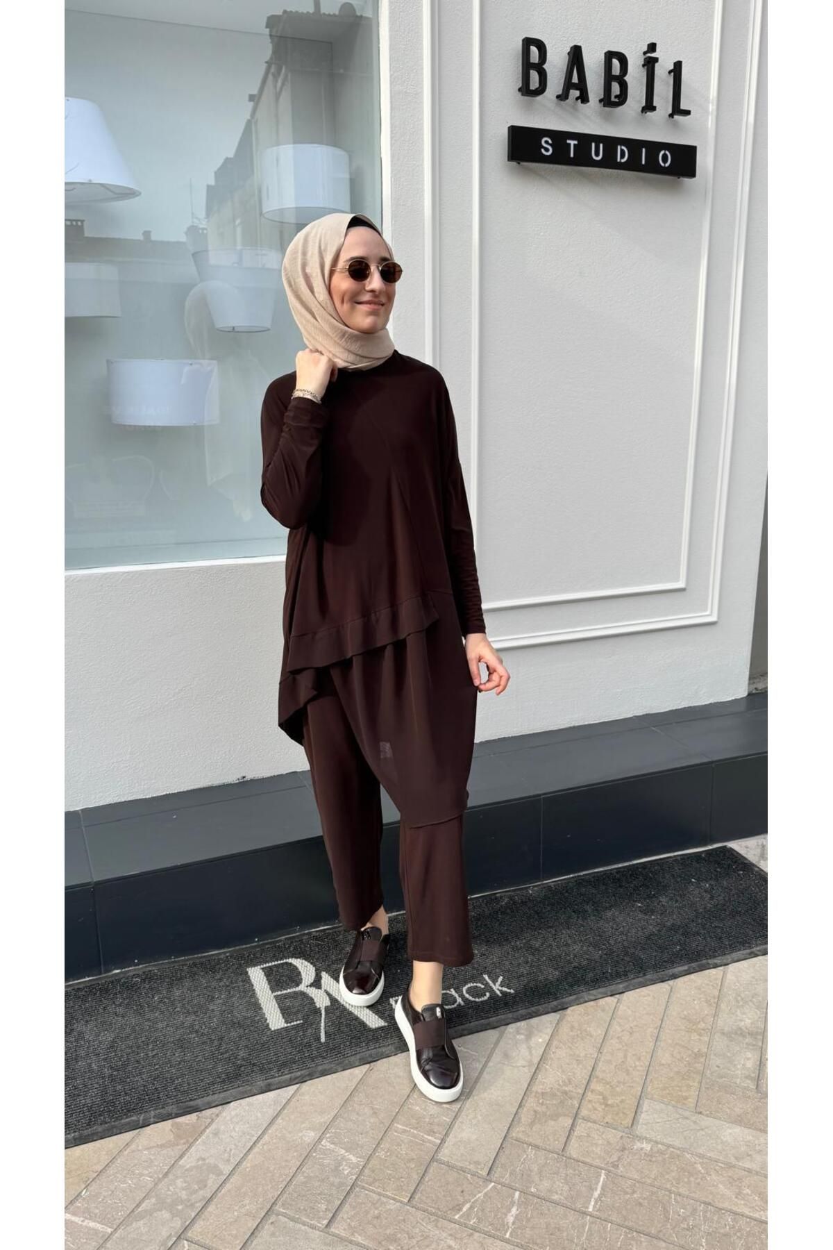Babil Butik Şifon Detaylı Sandy Kadın Takım Kahve