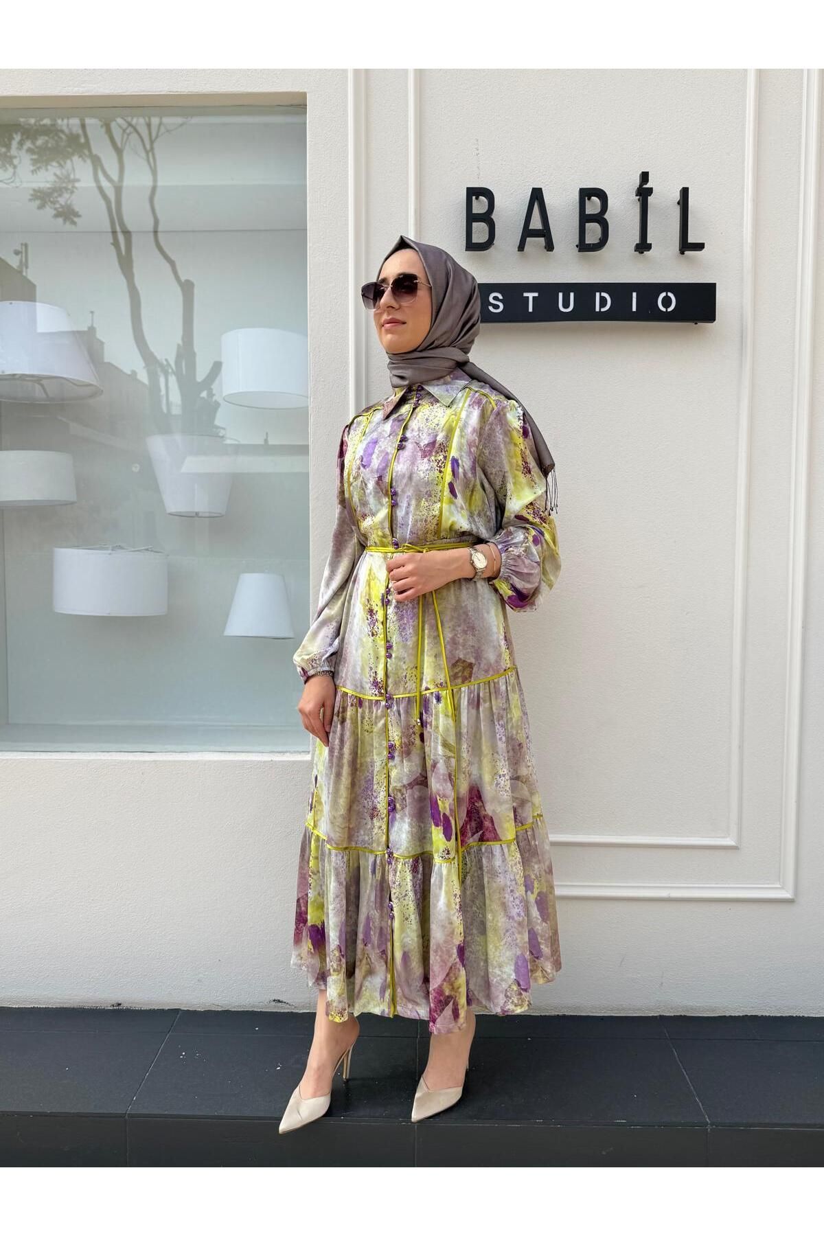 Babil Butik 25015012 Renkli Saten İpek Kadın Elbise Yağ Yeşili