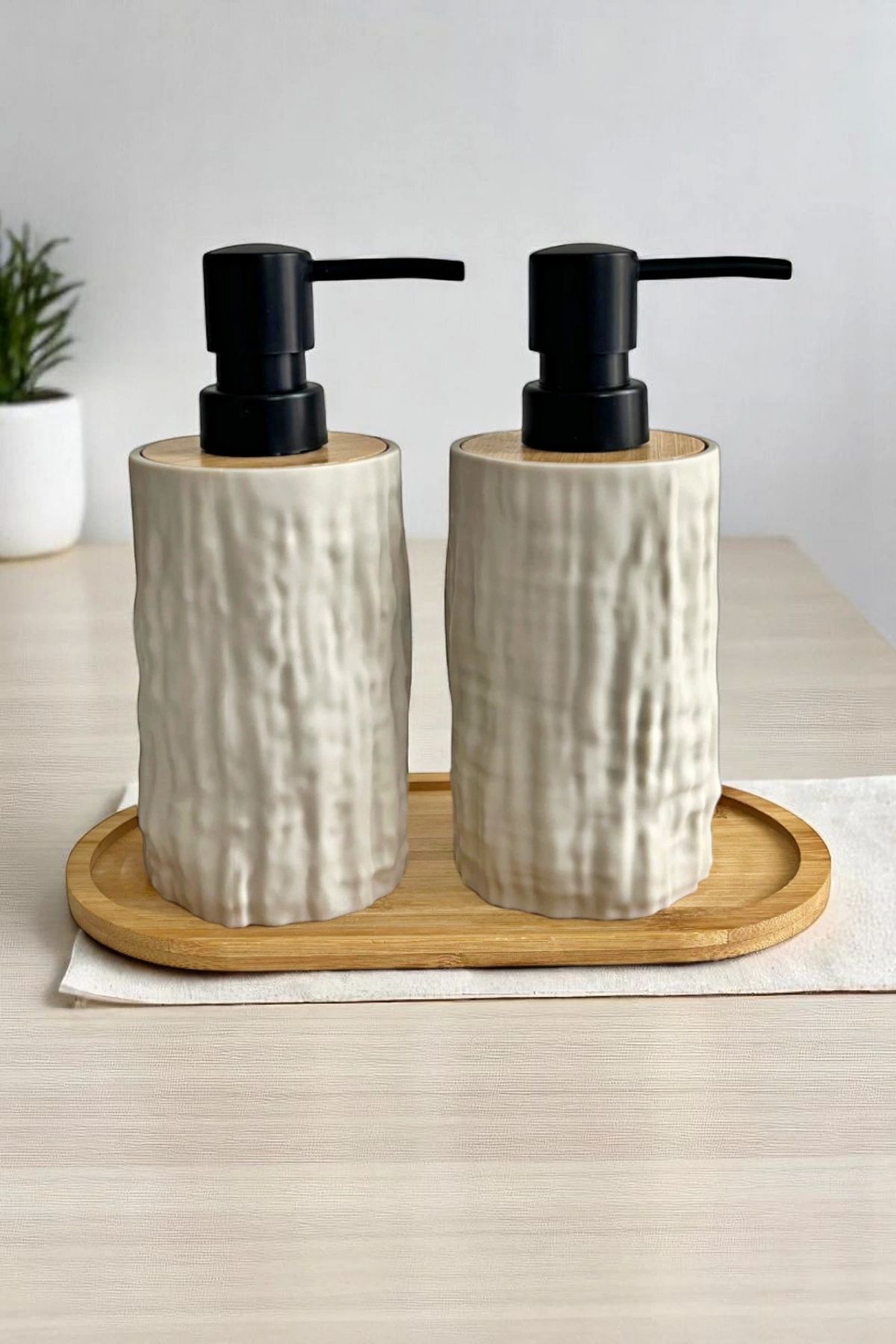 Tilbe Home 2li Bambu Detaylı Sıvı Sabunluk Seti 500ml Hands Dishes Mutfak Banyo Taş Figürlü Bambu Stantlı Set