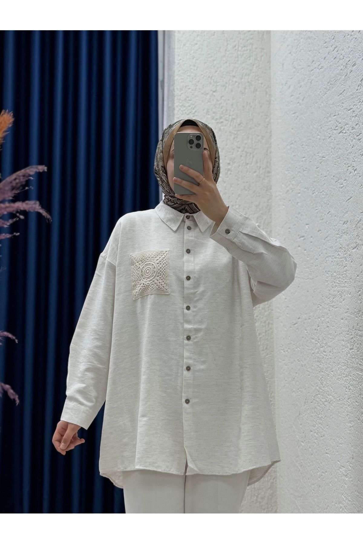 Mihra Sanilia Cep Detaylı Keten Gömlek-EU2189 Taş