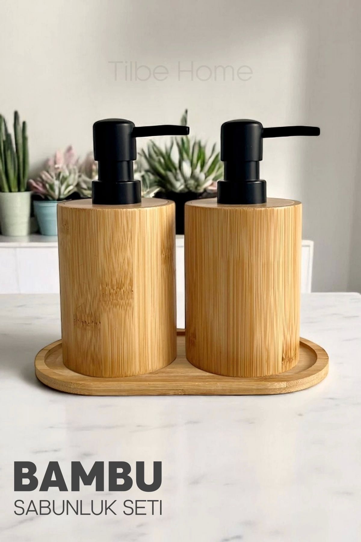 Tilbe Home 2li Bambu Sabunluk Seti Hands Dishes Mutfak Banyo Sıvı Sabunluk 500ml Doğal Bambu Stantlı Retro Set