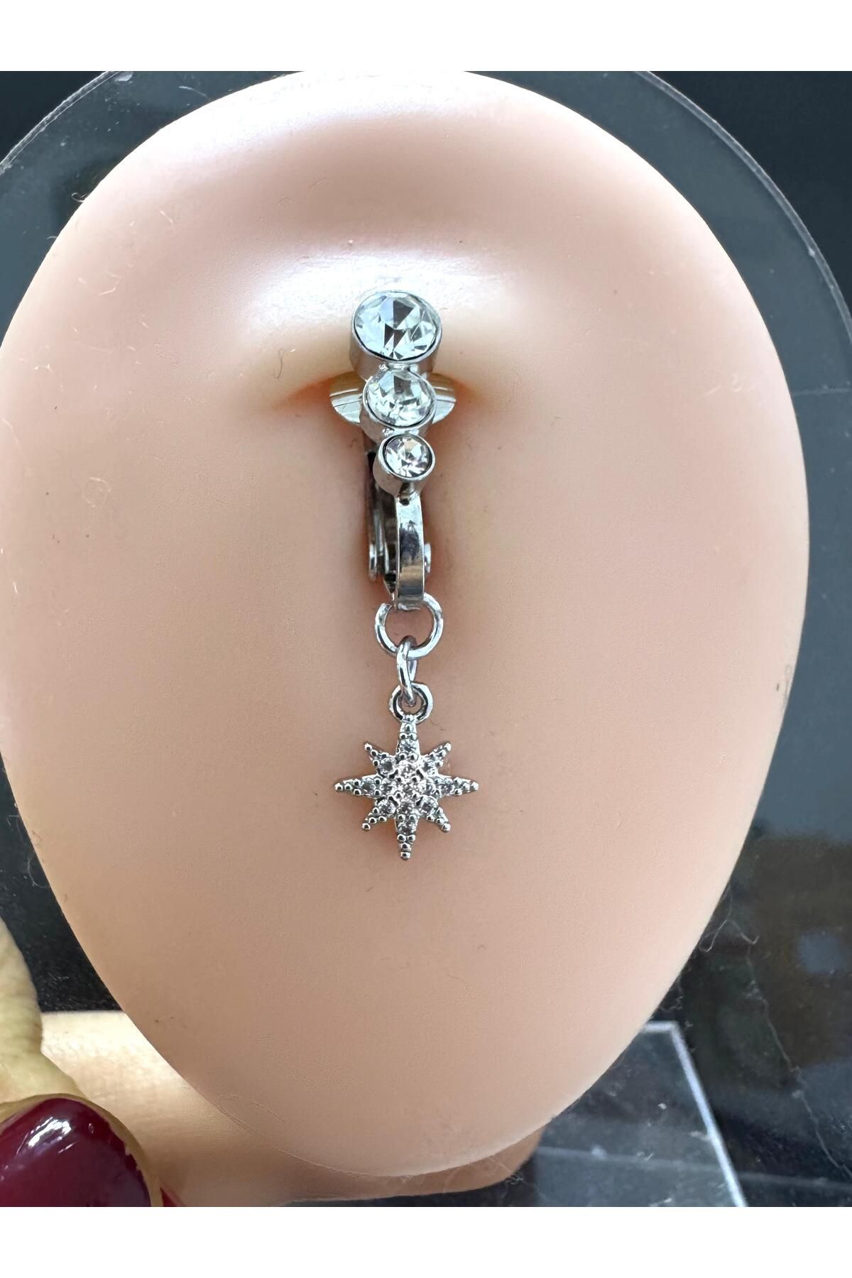 Arescollection deliksiz ( delik gerektirmeyen ) klipsli sıkıştırmalı zirkon taşlı kutup yıldızı göbek piercingi