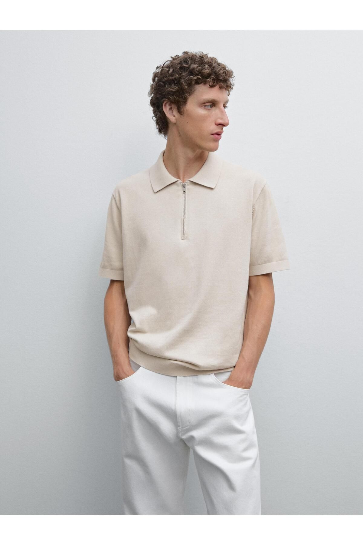 banessa Pamuklu triko fermuarlı polo yaka t-shirt