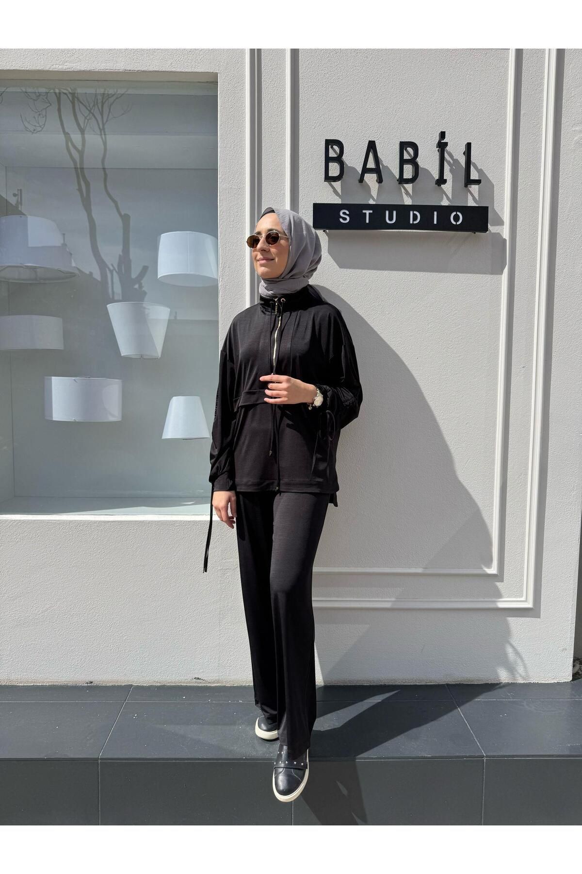 Babil Butik Fermuar Detaylı Kadın Takım Siyah