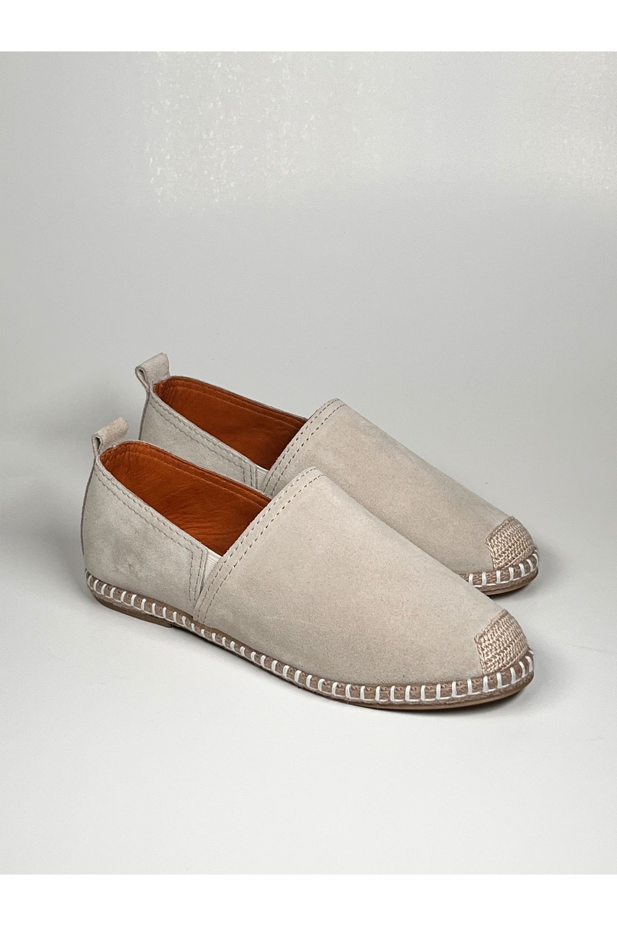 futsi shoes Krem Süet Hakiki Deri Örgü Detaylı Şık Babet Espadril