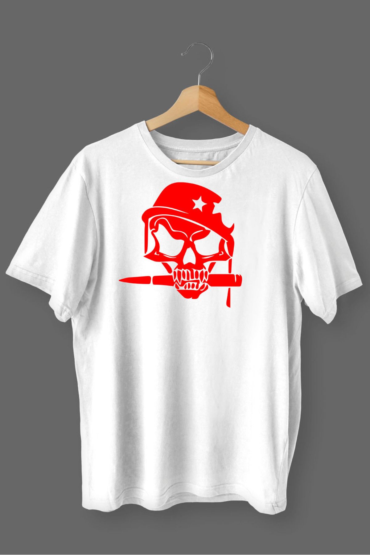 MLH STORE Kurukafa Baskılı Pamuklu Likralı T-shirt (Kırmızı Desenli Beyaz) XL Beden