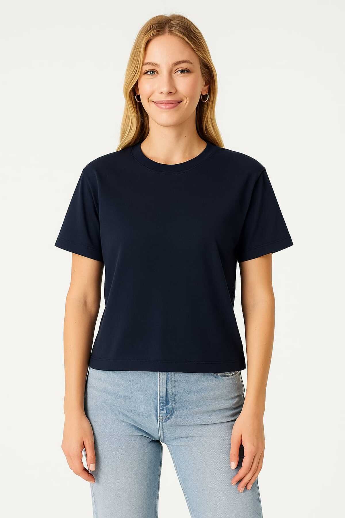 Cherry Lane Kadın Oversize Basic Kısa Kollu Bisiklet Yaka Lacivert T-shirt
