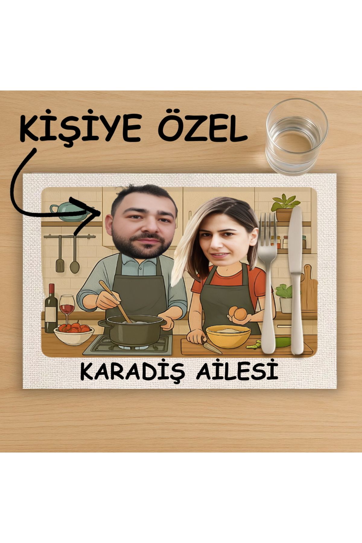 Hediye Deposu Kişiye Özel Karikatürlü Mutfak Tasarımlı Amerikan Servis, Tabak Altlığı & Ev Hediyesi, 2 Adet