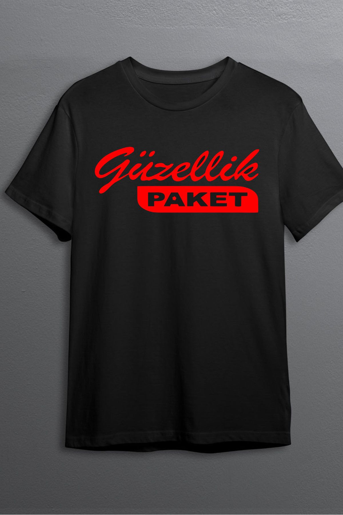 MLH STORE Güzellik Paket Baskılı Pamuklu Likralı T-shirt (Kırmızı Yazılı Siyah) M Beden