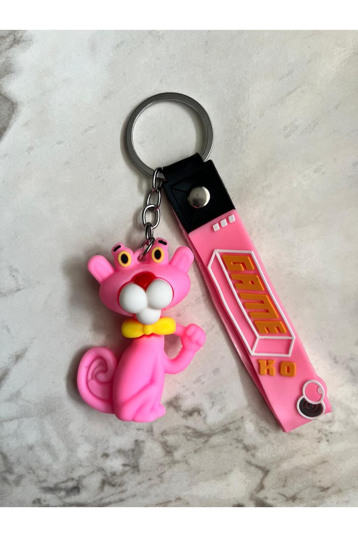 BURUCRAFT PEMBE PANTER Sevimli Anahtarlık Sevgili / Maskot / Hediyelik 3D Silikonlu Anahtarlık